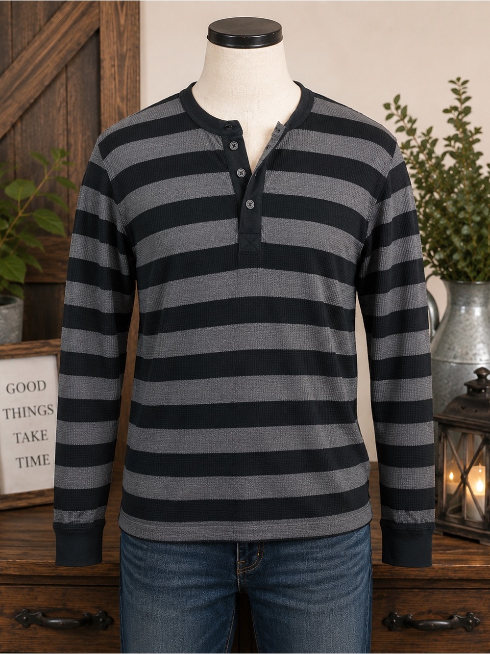 Merona Gray Black Striped Thermal Henley Shirt Men's Large Long Sleeve Waffle